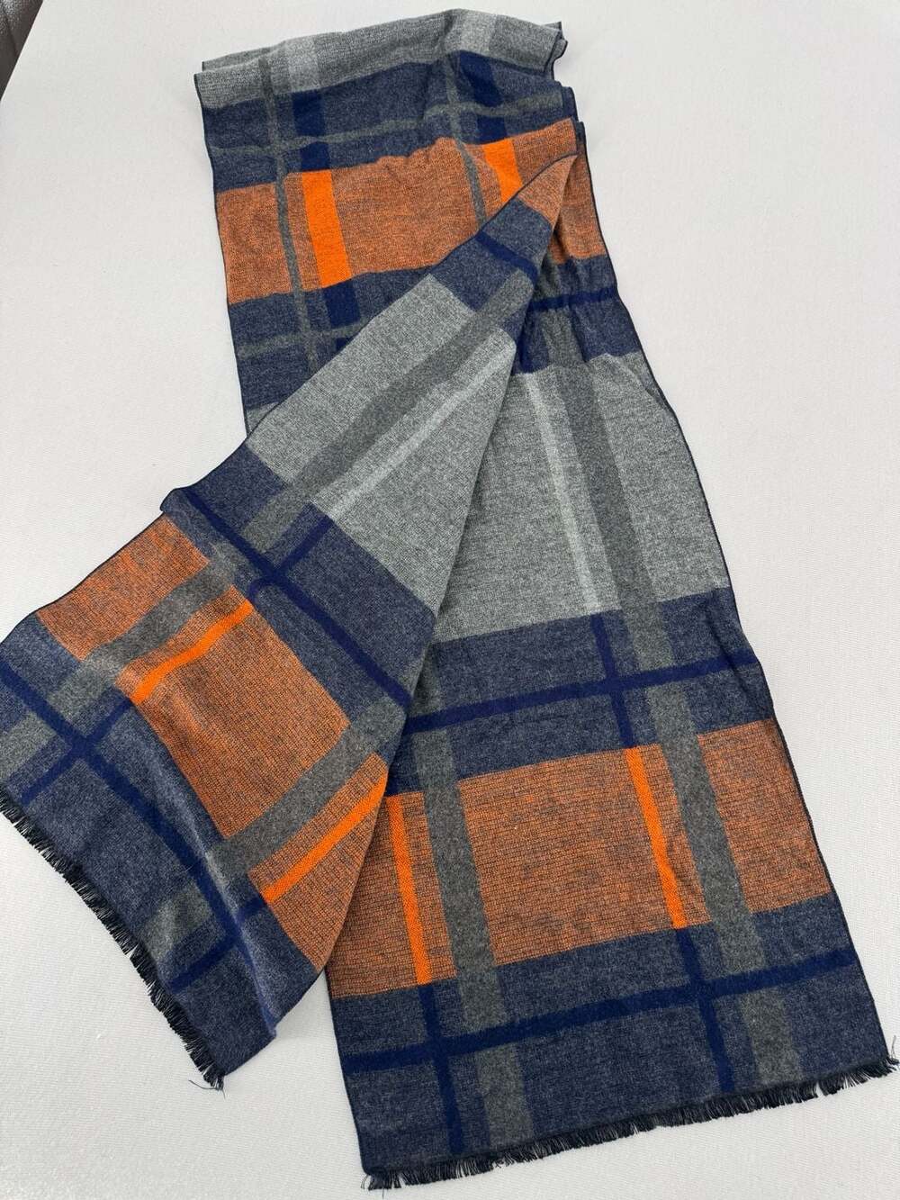 Shahmina Asian Heritage Plaid Scarf Blue Orange Gray Fringe